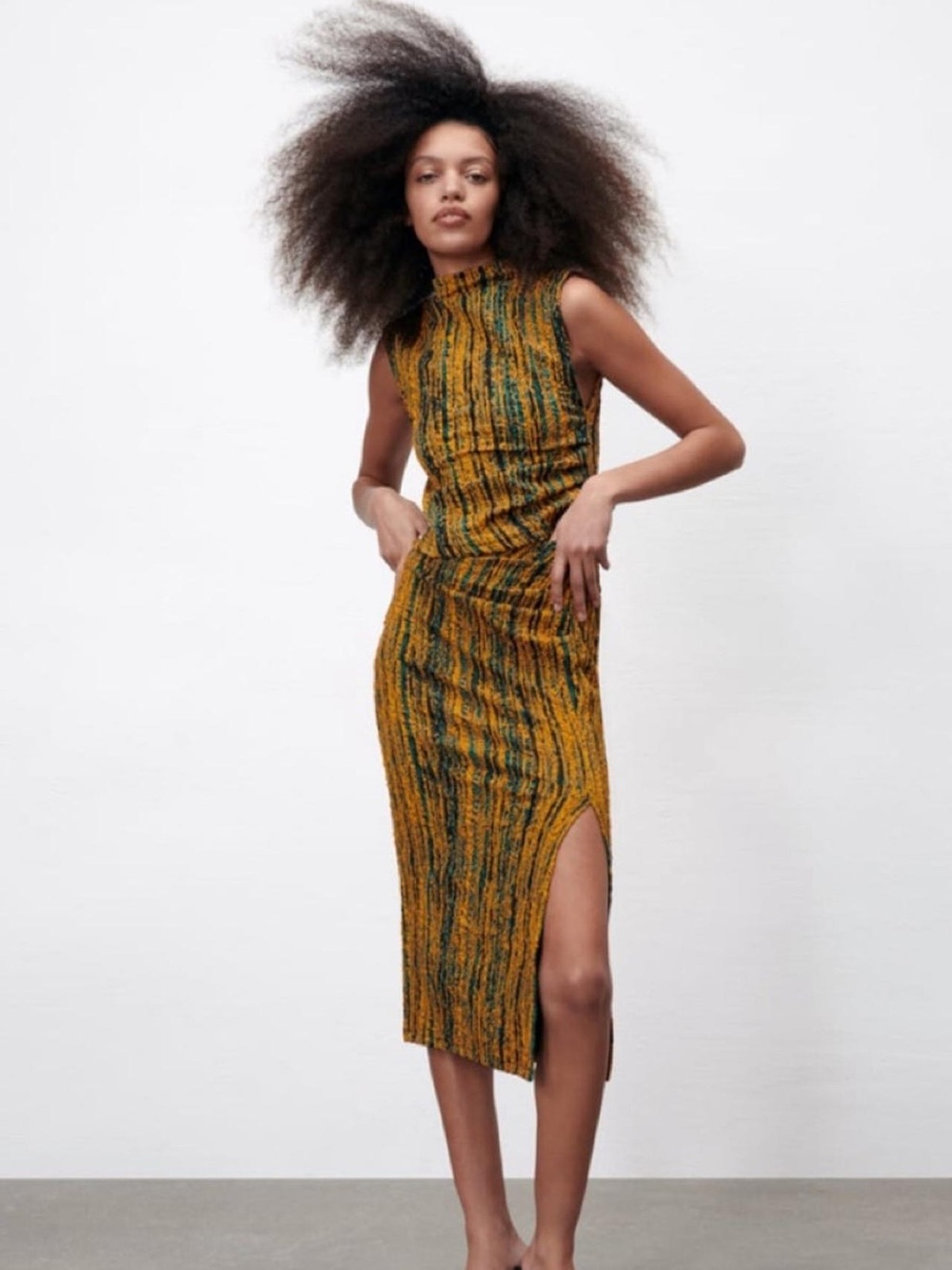 Zara Sleeveless Ribbed Midi Dress in Mustard and Forest Green